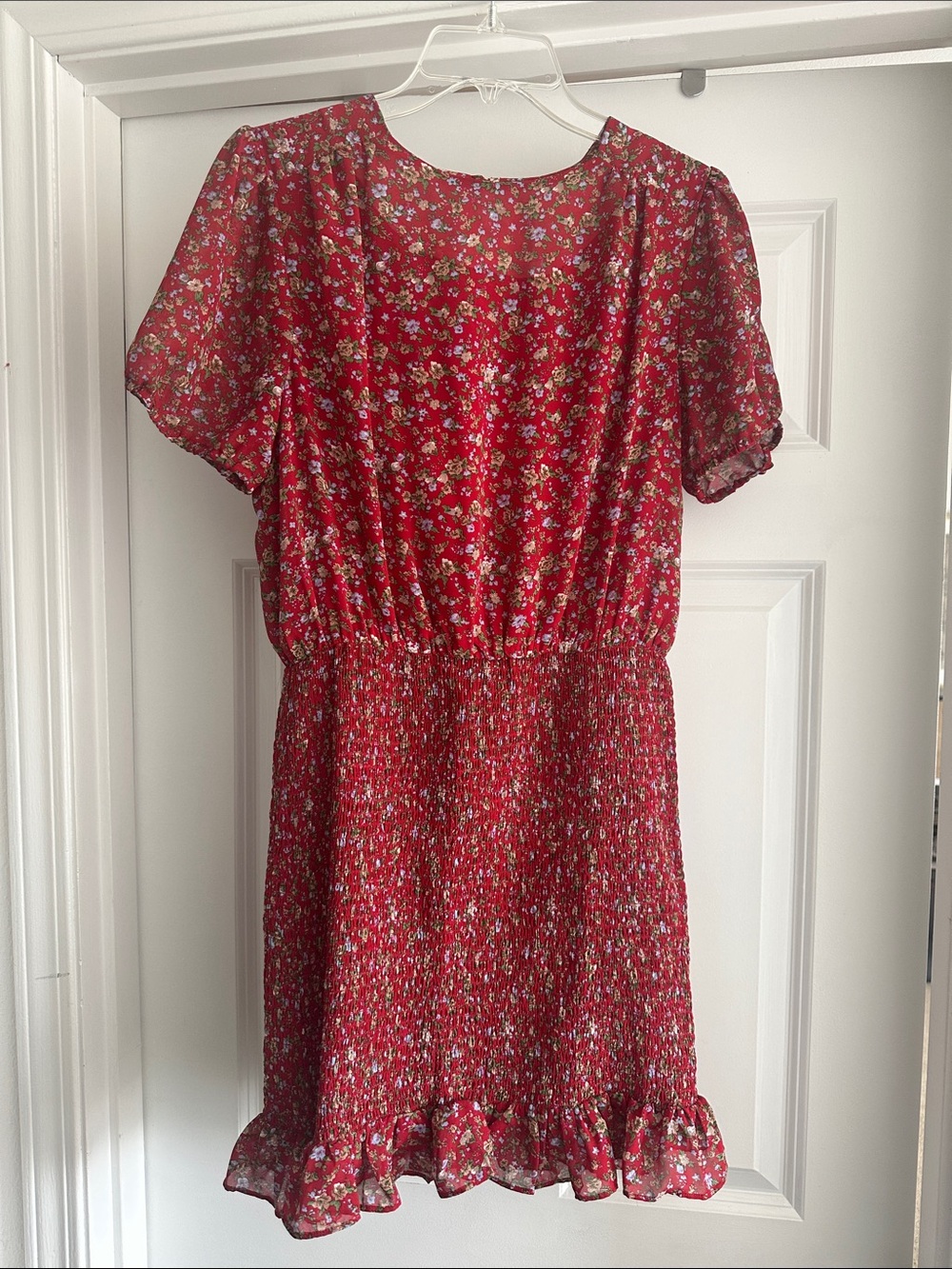 Urban Outfitters Red Floral Smocked-Waist Ruffle Dress